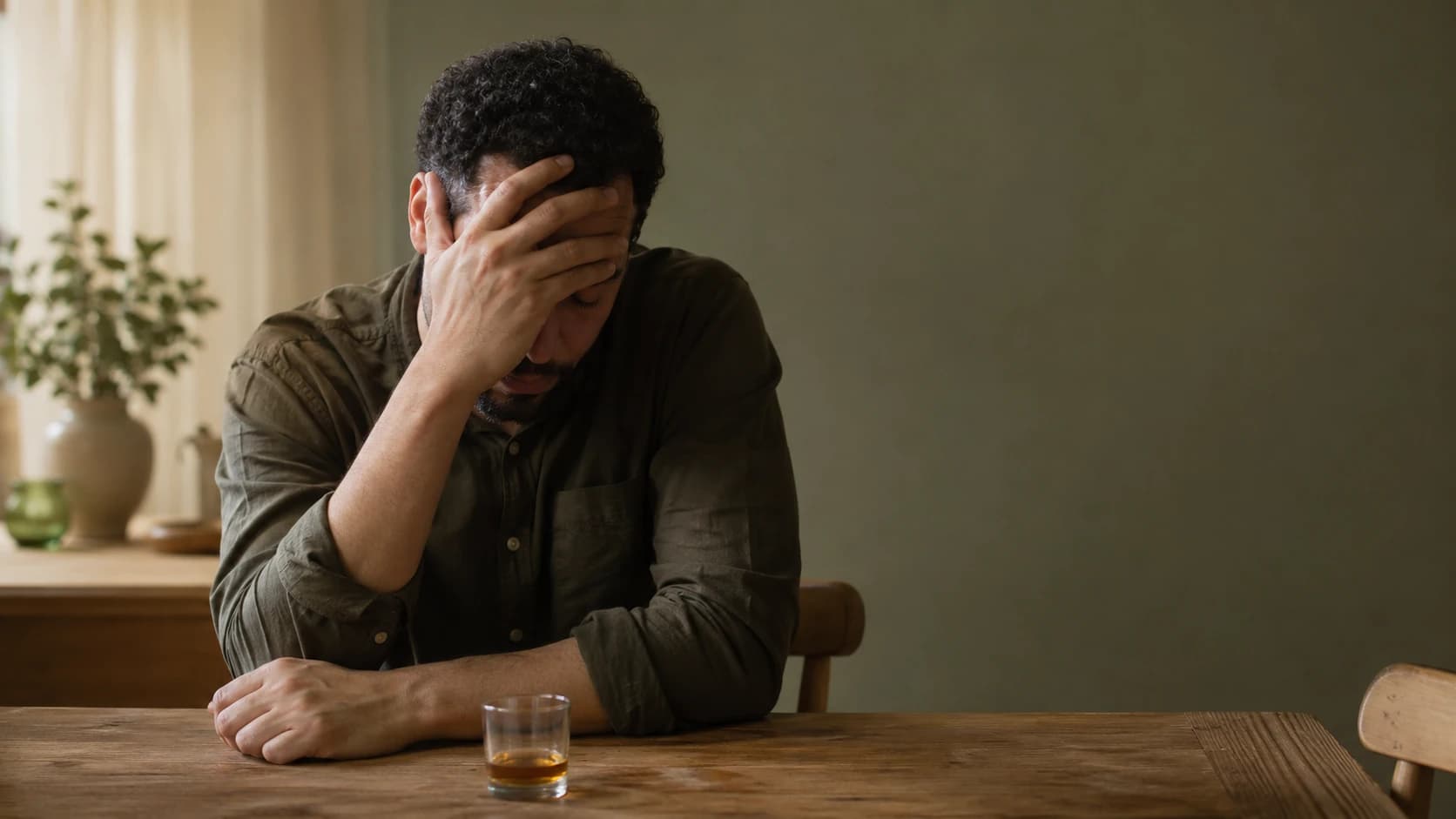 Homem sozinho à mesa, mão na testa, diante de uma dose de bebida, em conflito.
