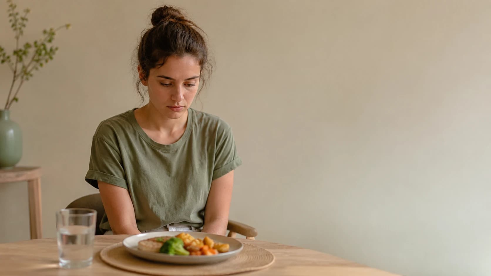 Jovem sentada à mesa diante de um prato, mãos hesitantes no colo, olhar ansioso.