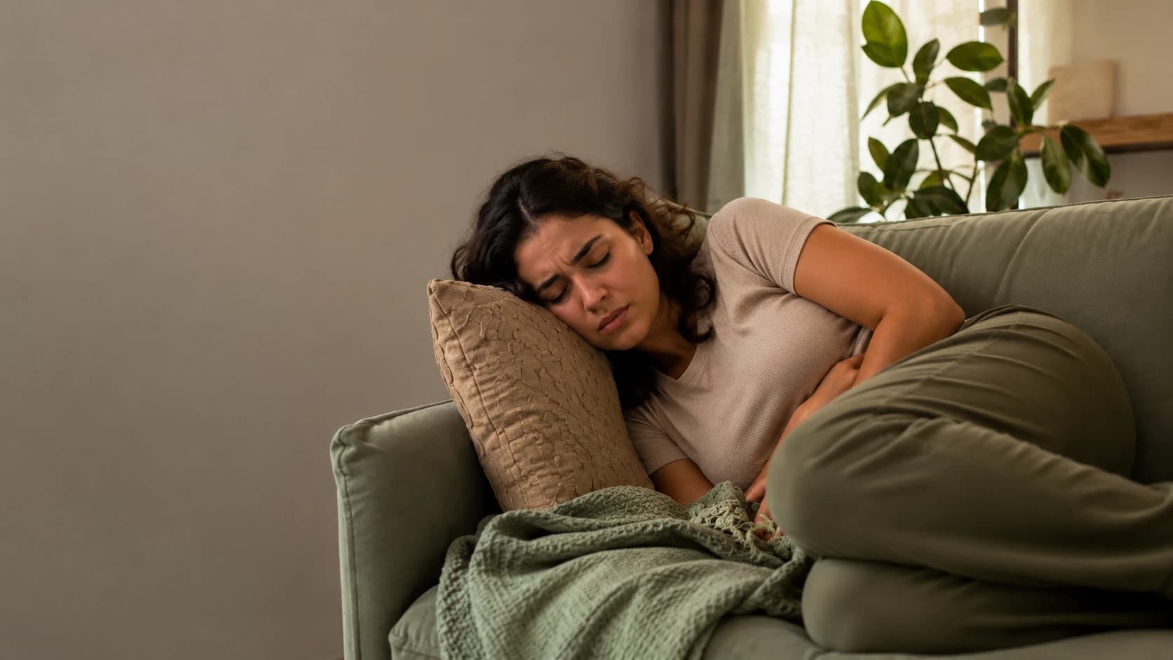 Pessoa deitada de lado no sofá com as mãos pressionando o abdômen, com desconforto.