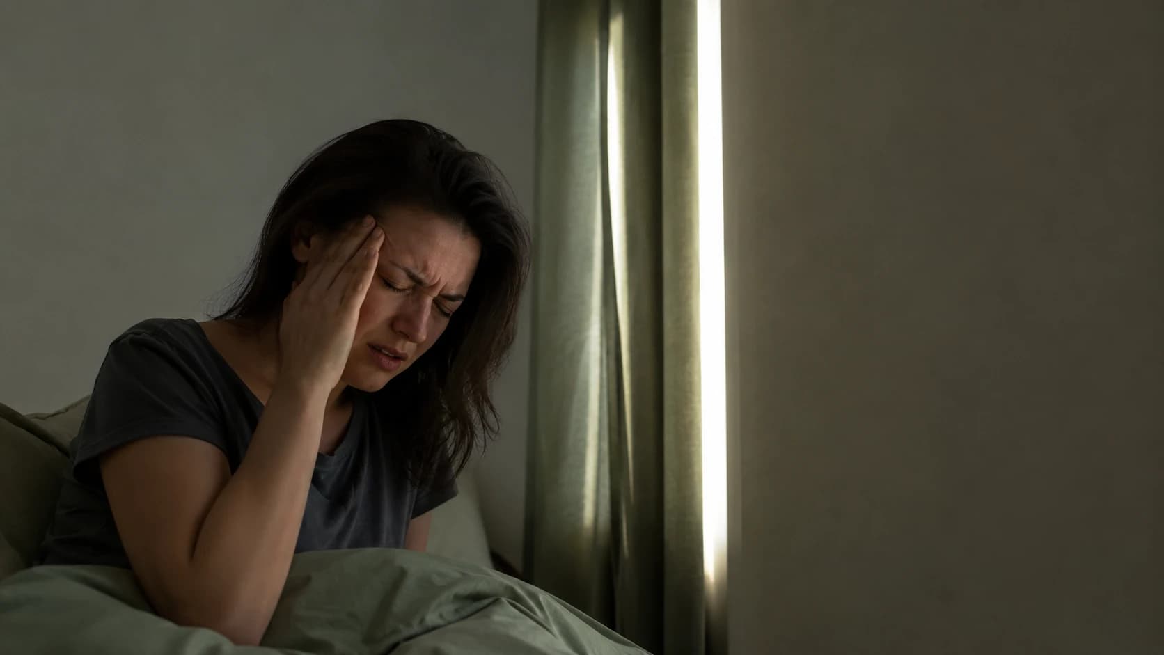 Pessoa num quarto em penumbra, mão na têmpora e olhos fechados, evitando a luz.