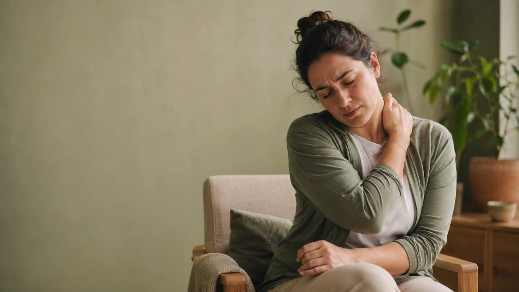 Mulher massageando o próprio ombro com expressão de dor difusa e cansaço.