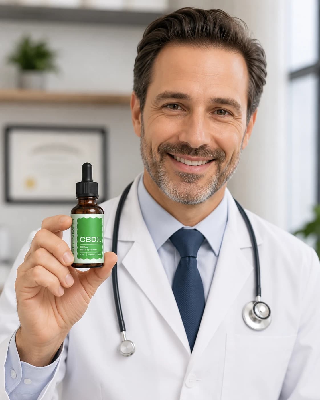 Médico de jaleco branco e estetoscópio segurando um frasco de óleo de CBD GreenMed Broad Spectrum 2500 mg