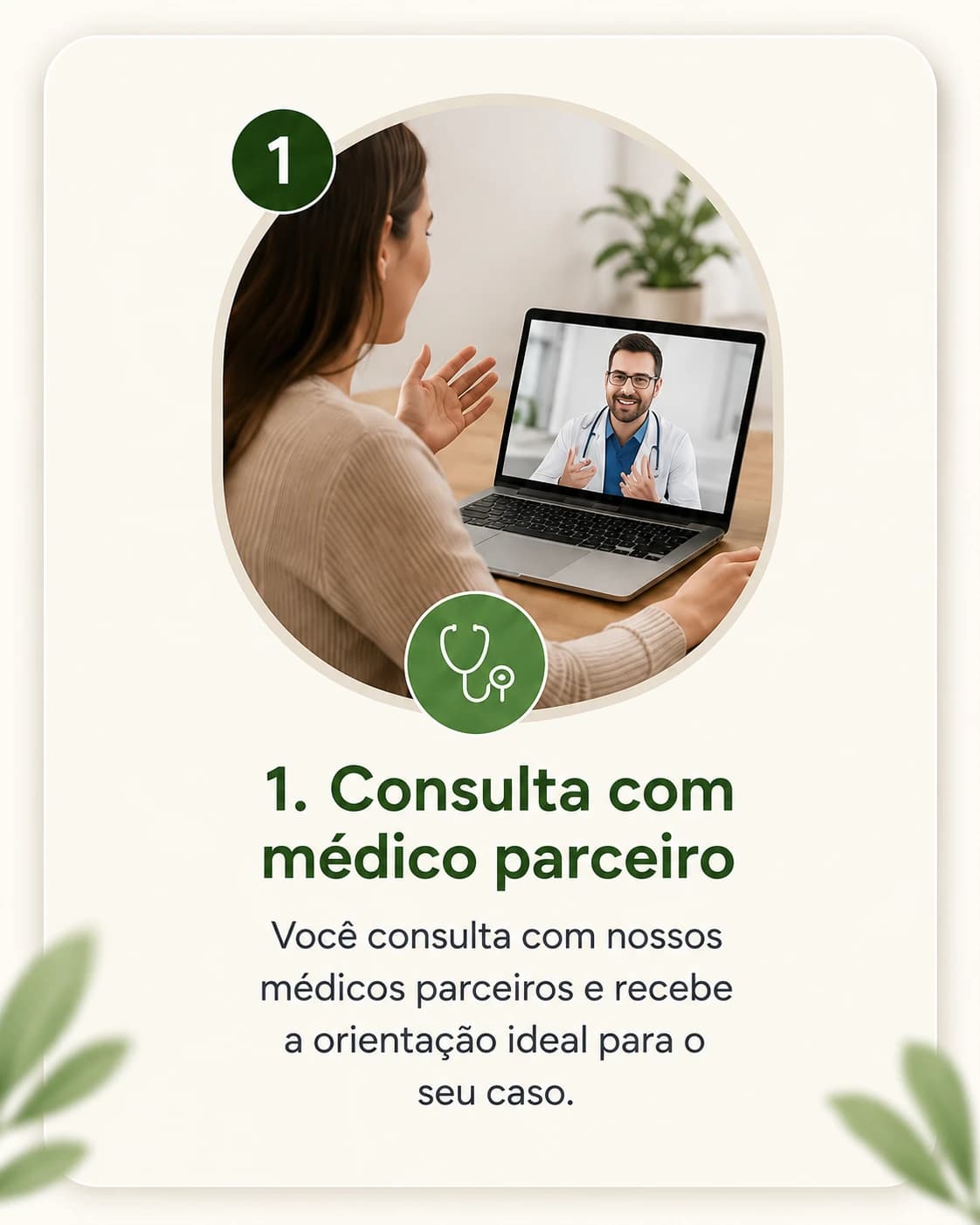 Passo 1 — Consulta com médico parceiro: paciente em videoconsulta com um médico na tela do notebook.