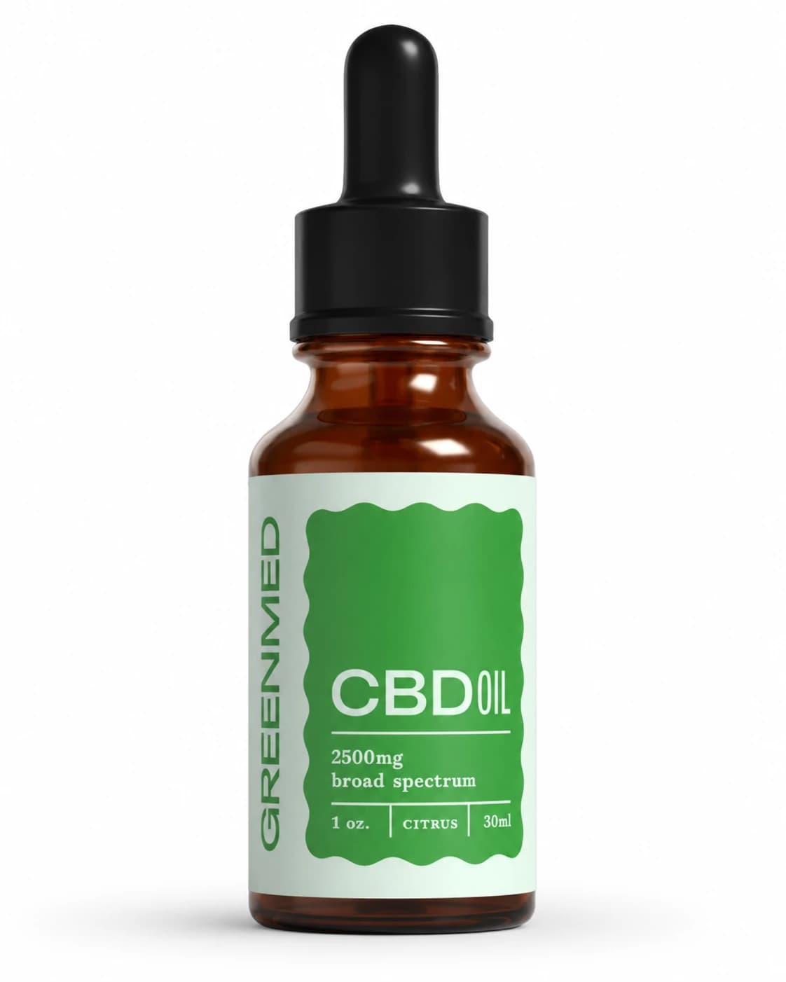 Frasco âmbar do óleo de CBD GreenMed CBDoil Broad Spectrum 2500 mg, 30 ml, com conta-gotas e rótulo verde