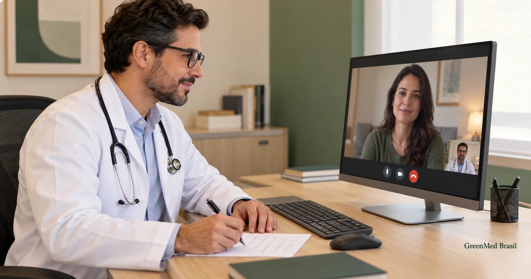 Médico de jaleco escreve à mão durante uma consulta por vídeo; no monitor, uma paciente conversa com ele de casa.