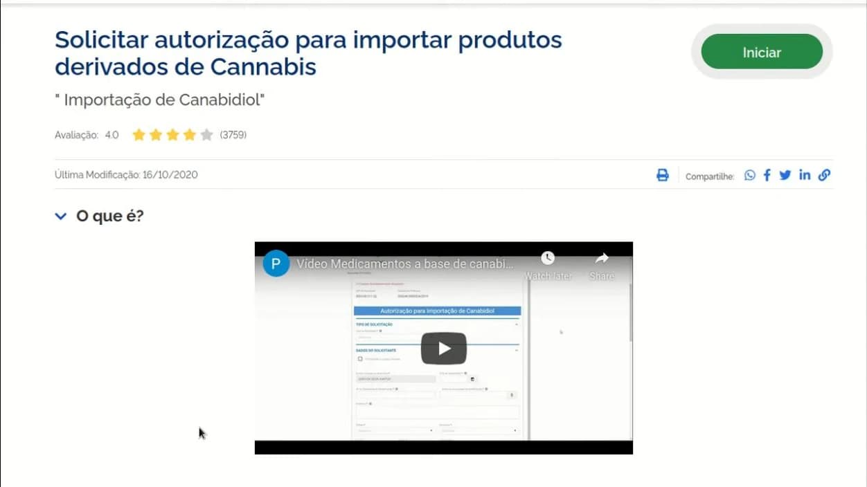 Página do serviço no gov.br com o título “Solicitar autorização para importar produtos derivados de Cannabis”, o subtítulo “Importação de Canabidiol” e um botão “Iniciar” no canto superior direito.