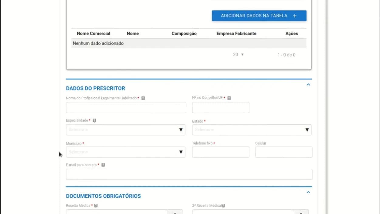 Bloco “Dados do prescritor” em branco, com os campos de nome do profissional legalmente habilitado, número no conselho e UF, especialidade, estado, município, telefone fixo, celular e e-mail.