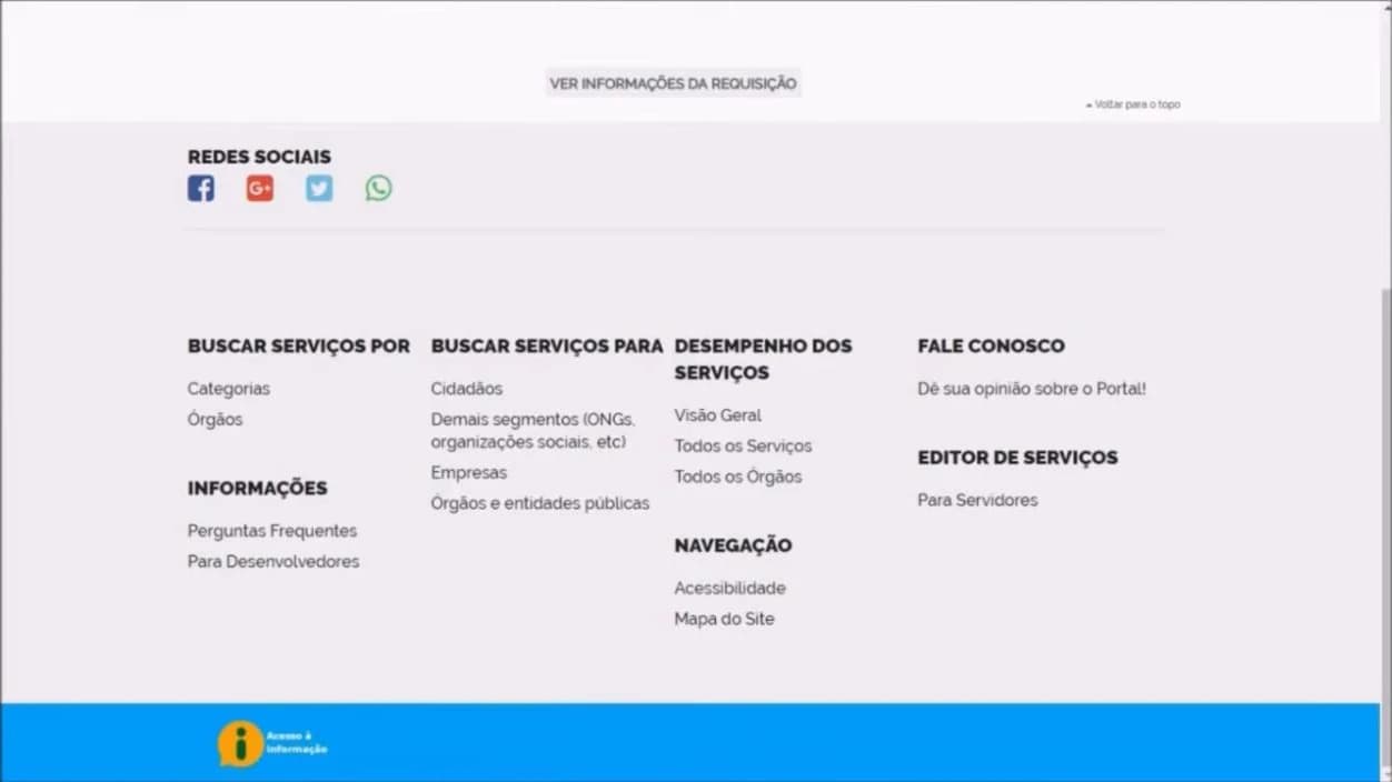 A mesma página depois de fechar o aviso, exibindo o botão “Ver informações da requisição” acima do rodapé do Portal de Serviços.