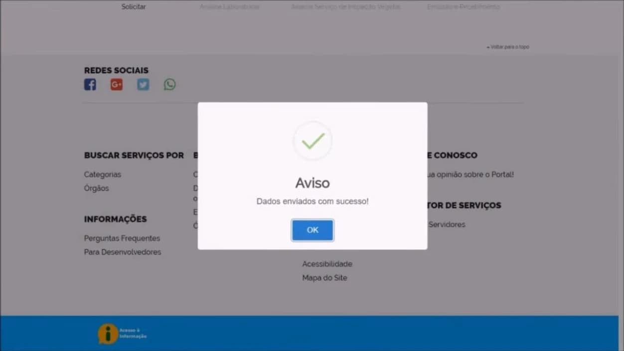 Aviso sobreposto ao portal com um ícone de confirmação e a mensagem “Dados enviados com sucesso!”, acompanhada de um botão “OK”.